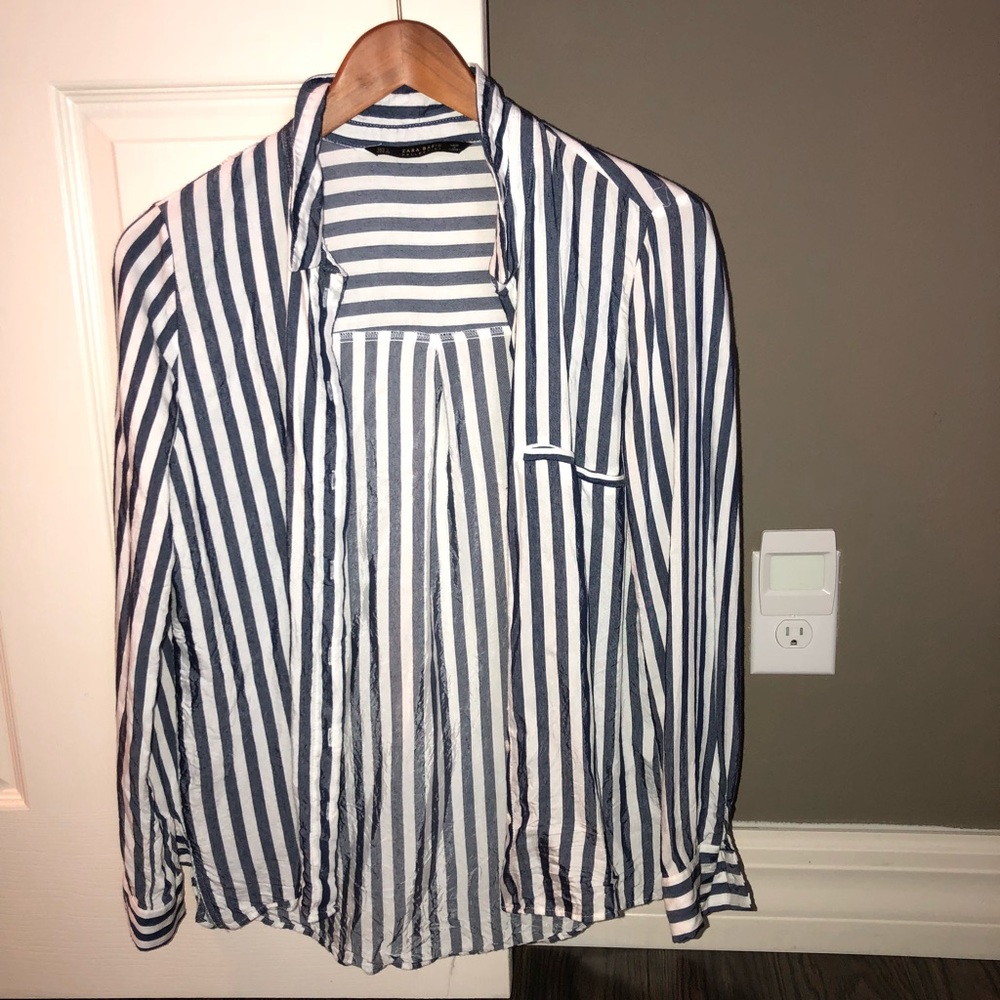 Zara blue & white striped button down blouse